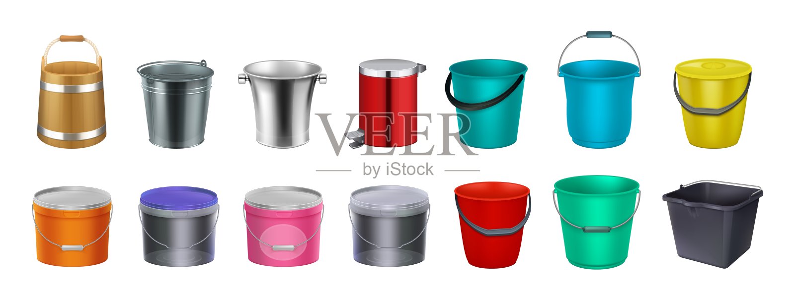 现实的桶。油漆包装，金属桶。独立的3d产品，塑料容器模型和木材容器矢量设计设计元素图片