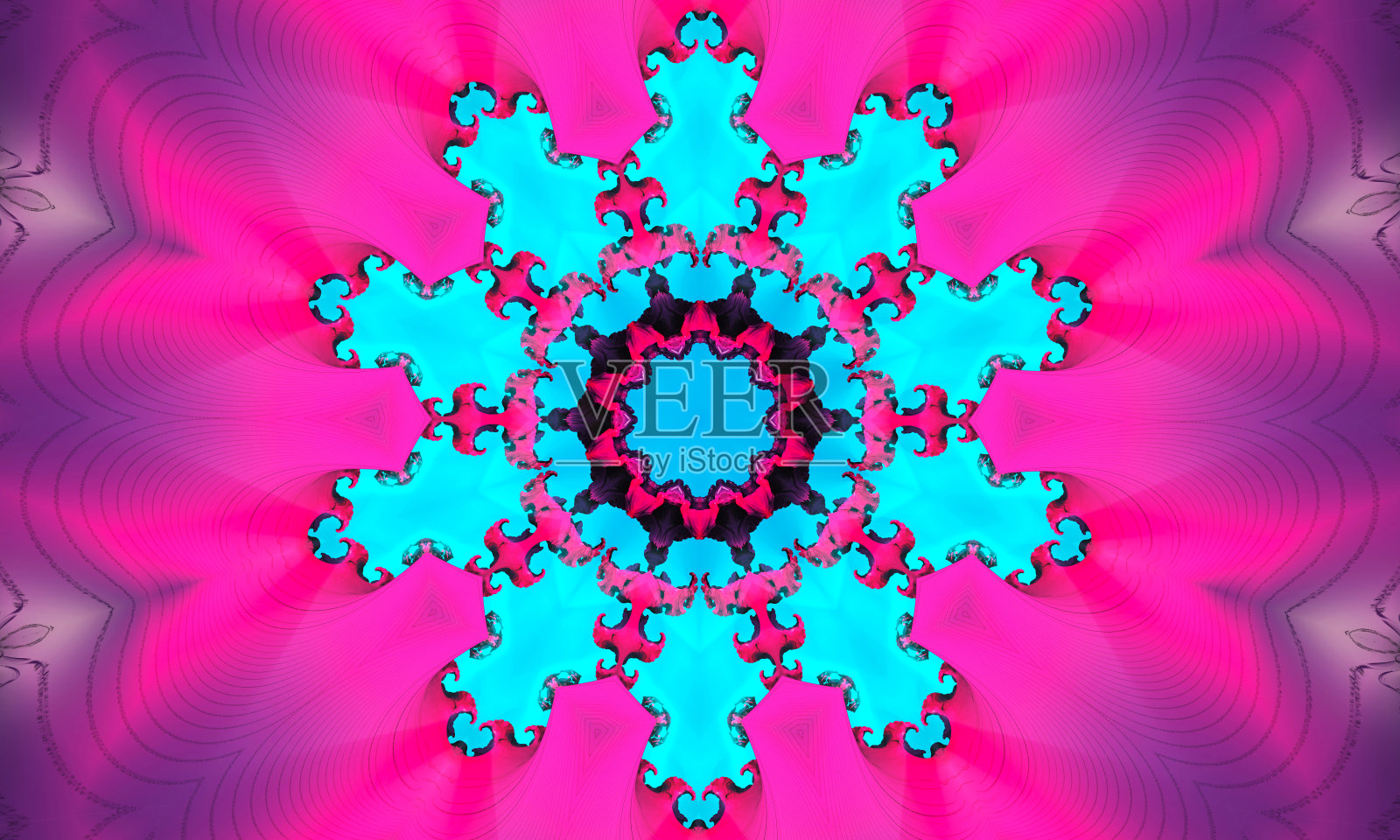 迷幻点缀万花筒。明亮的霓虹灯形式。紫外线插图。抽象的图案。印度，韩国，阿拉伯的装饰品。适用于包装纸、背景、墙纸、印刷品。插画图片素材