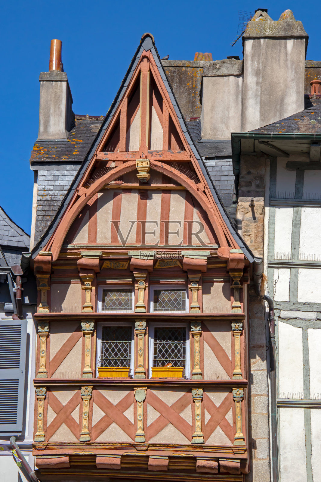 地区。旧城中心的半木房子。Finistere。布列塔尼照片摄影图片