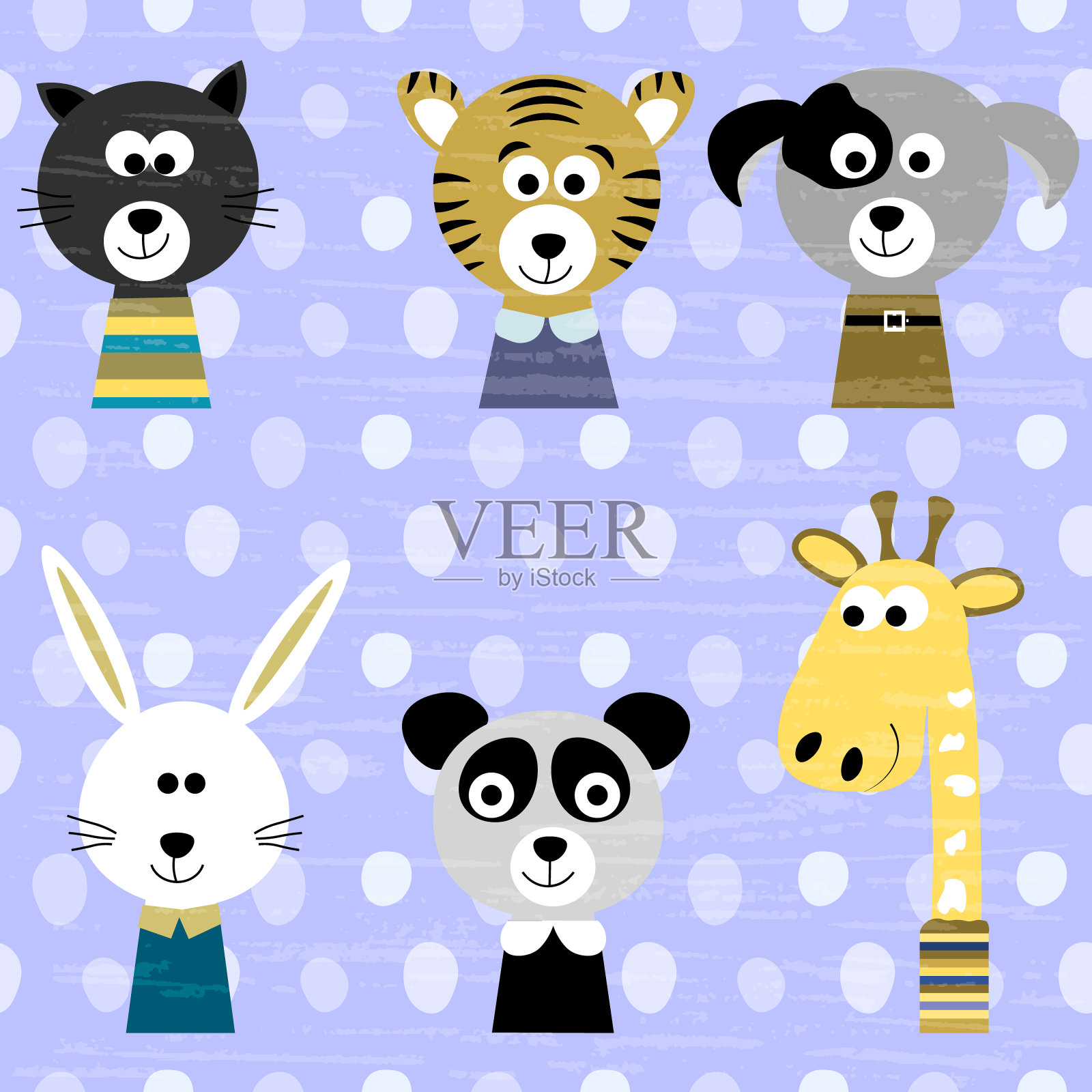 动物的卡通图标有老虎，长颈鹿，狗，猫，兔子，熊猫在蓝色的背景上有圆点，纹理。插画图片素材