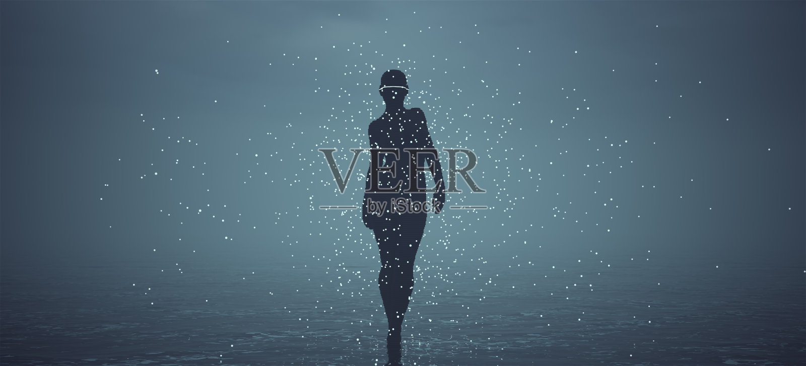 独眼外星人人形女人由黑色球体形成在水中行走和漂浮的白色球体正面视图阴天照片摄影图片