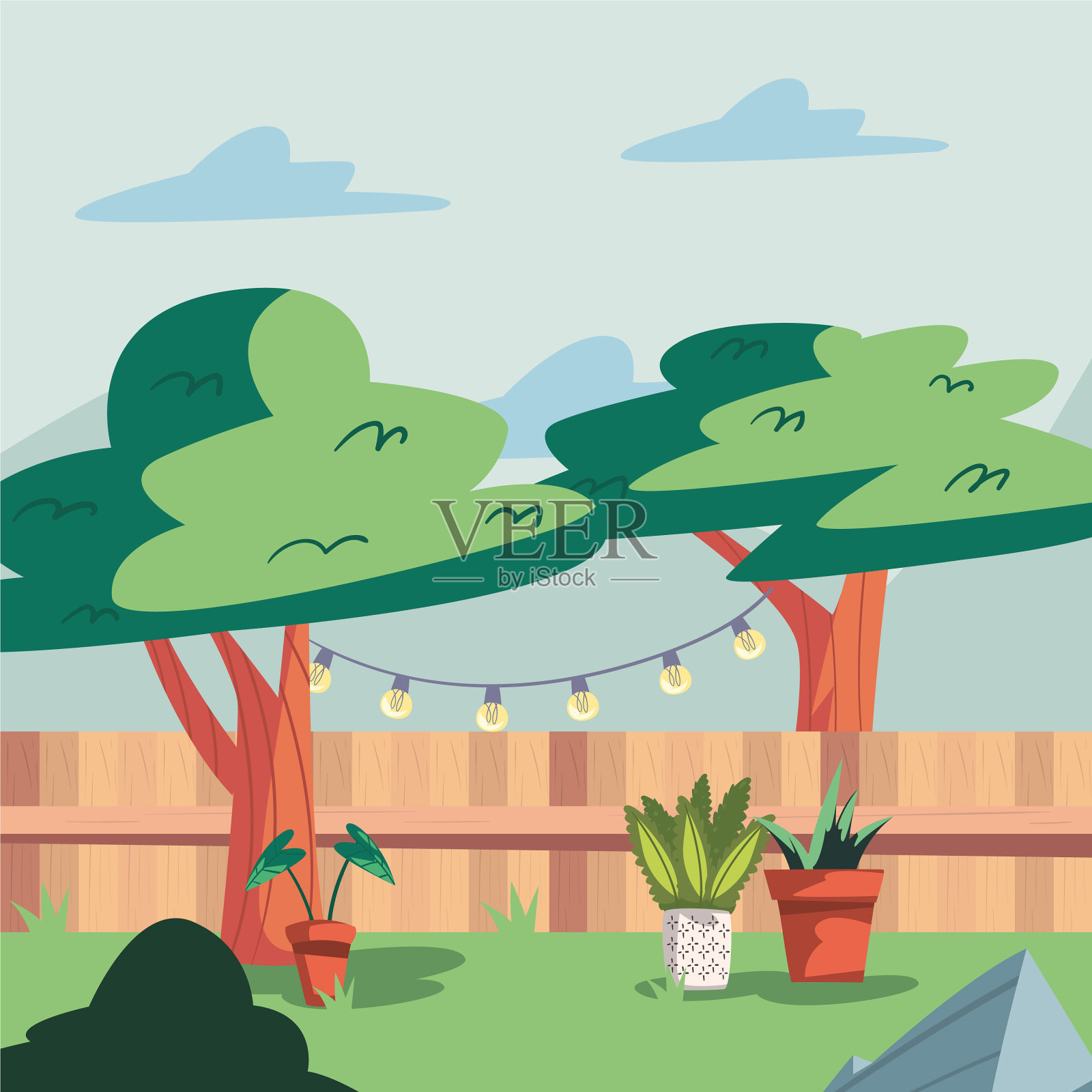 后院的室内植物和树木插画图片素材