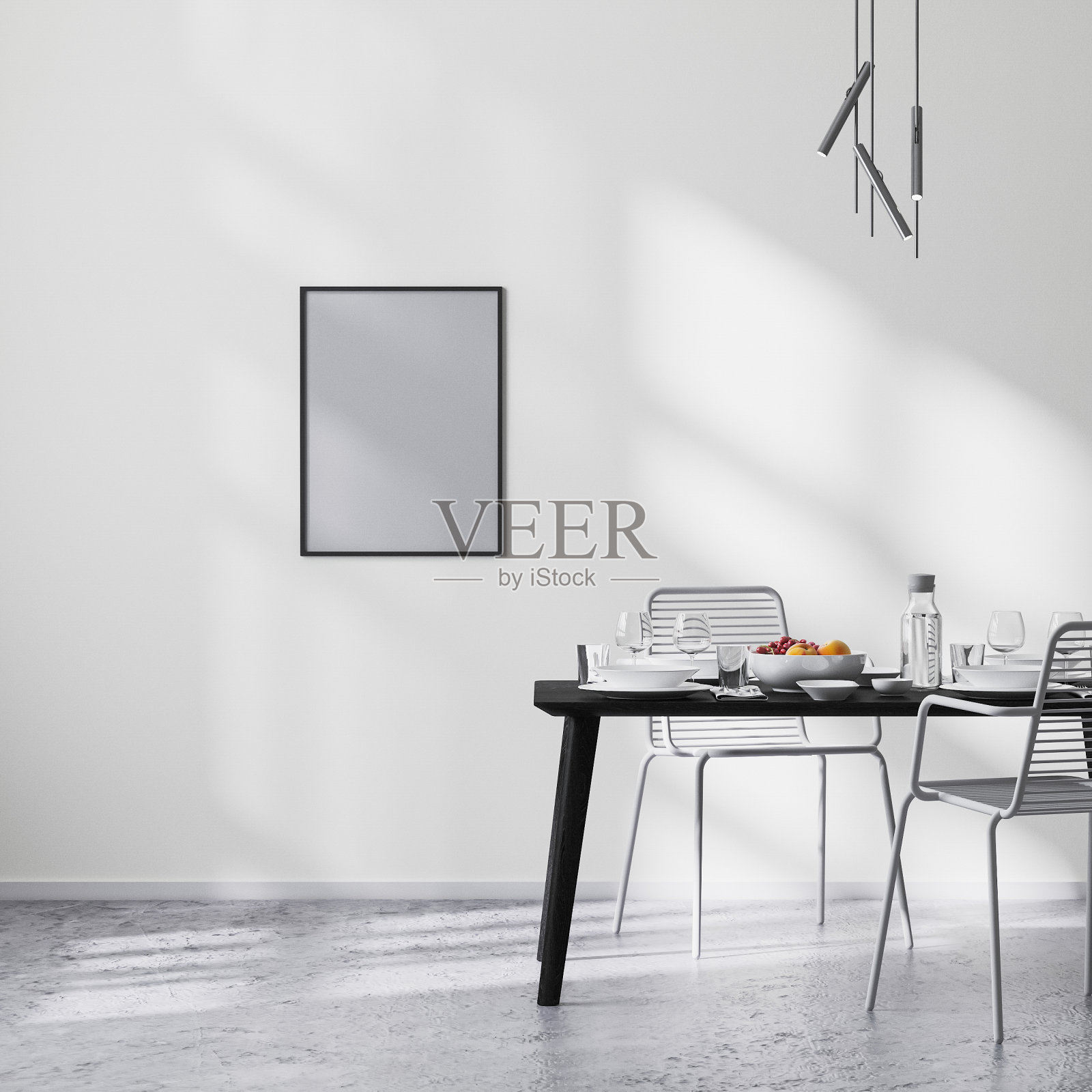 海报框架模型在现代餐厅内部与黑色桌椅和白色墙壁与阳光，混凝土地板，极简风格，斯堪的纳维亚，3d渲染照片摄影图片