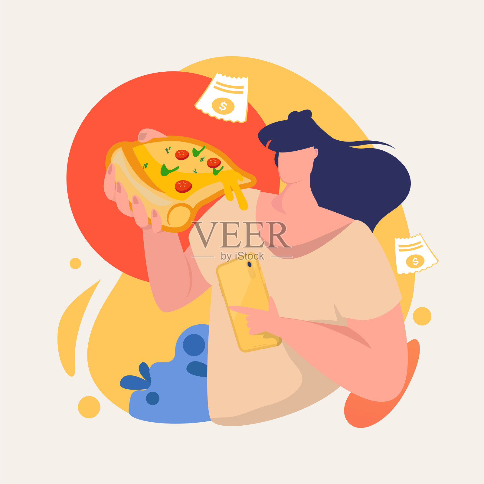 一个女人一边吃披萨一边评论插画图片素材