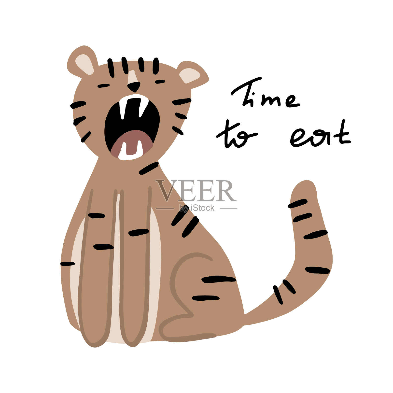 张着大嘴的老虎。时间吃。孩子们的矢量图。孤立在白色背景上插画图片素材