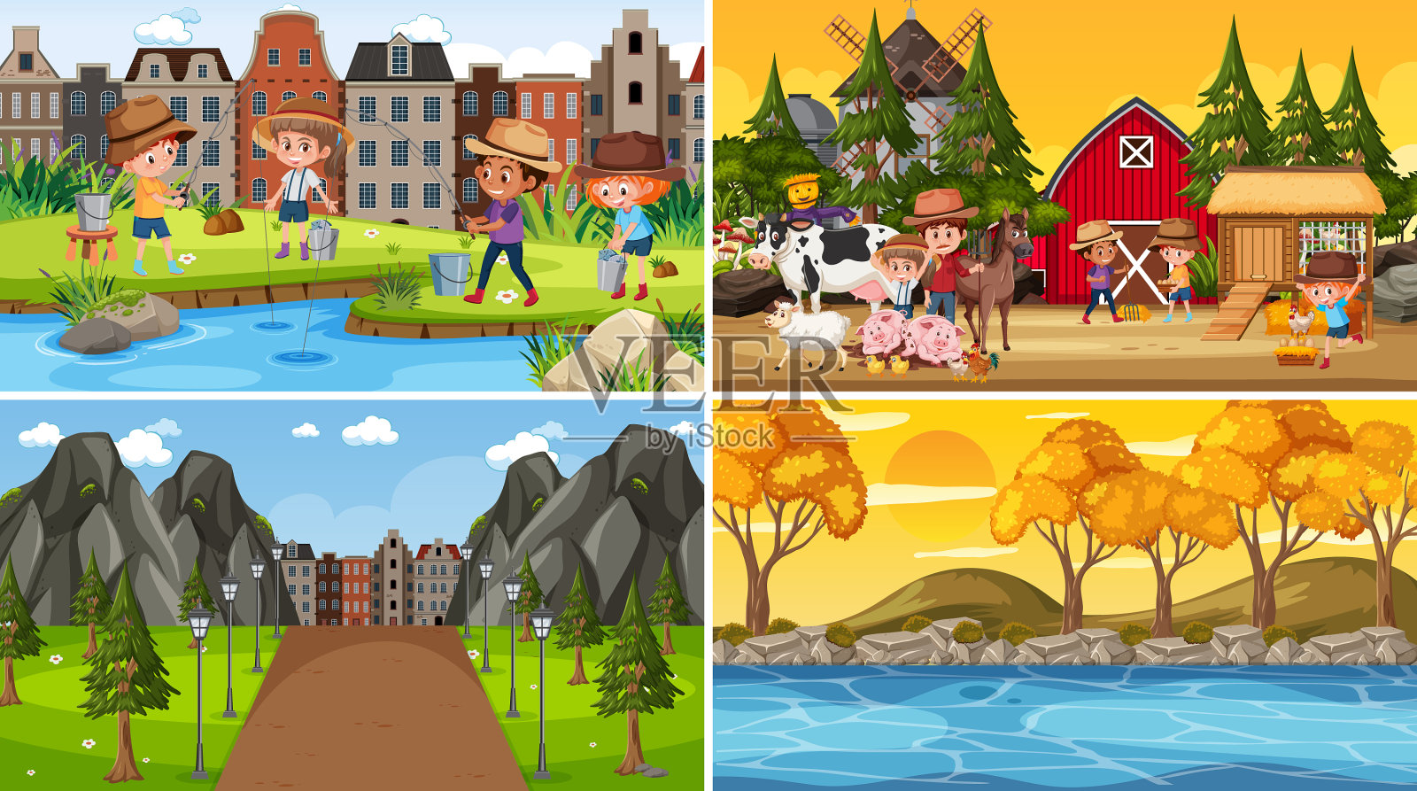 设置不同的自然场景卡通风格插画图片素材