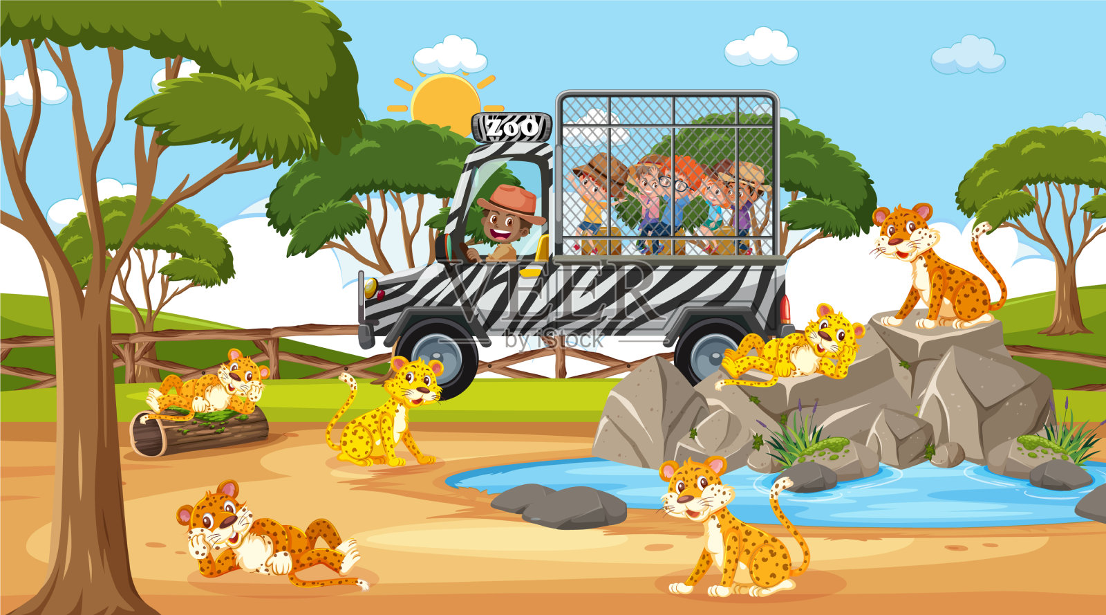 在白天的场景与孩子们观看狩猎插画图片素材