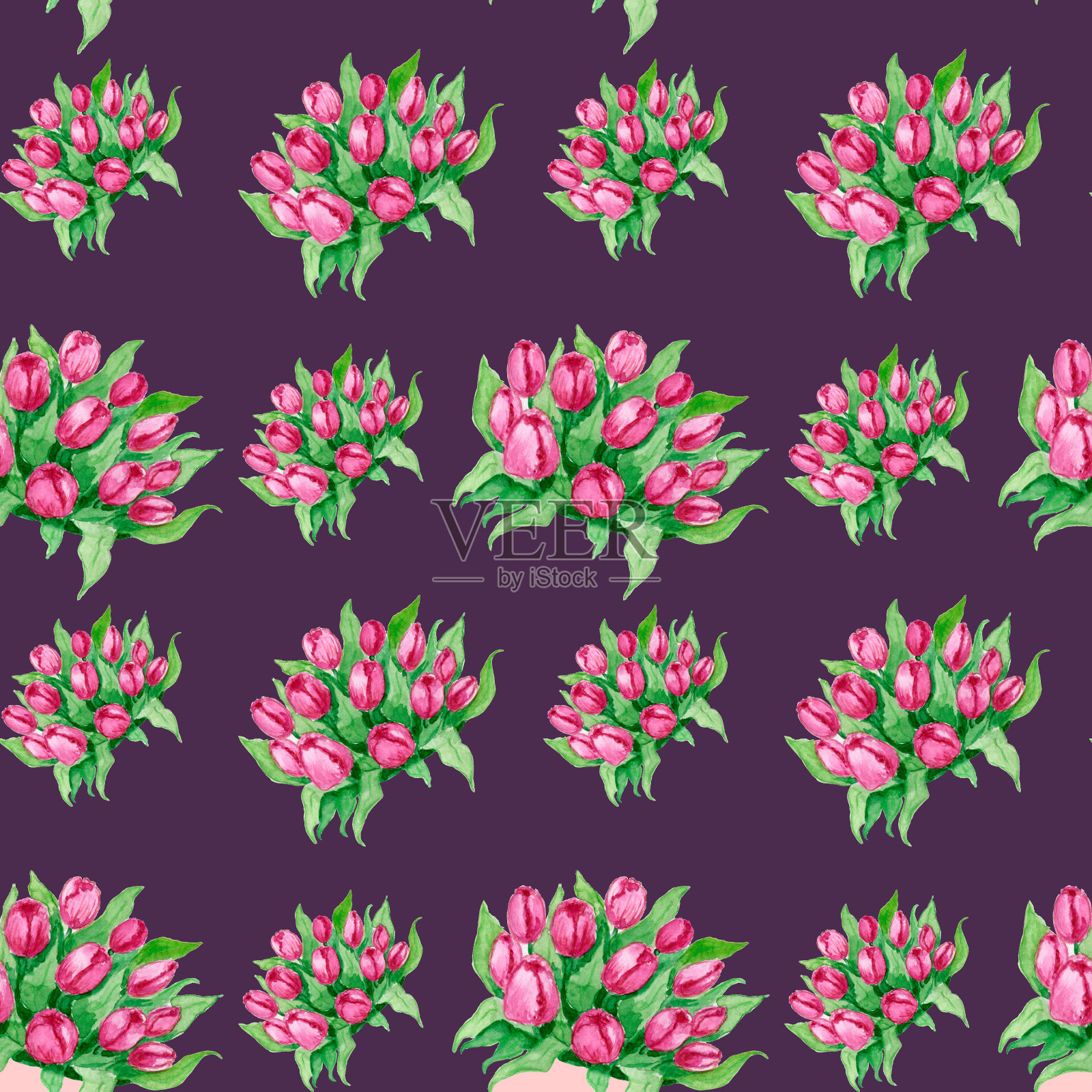 无缝图案，水彩插图，花束，花，玫瑰，夏天，磨损的樱花枝，郁金香和勿忘我，复古无缝图案，经典的印花布花卉重复背景为互联网和打印。插画图片素材