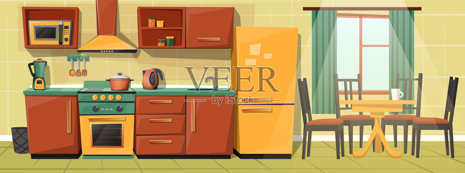 卡通家庭厨房配有电器和家具插画图片素材