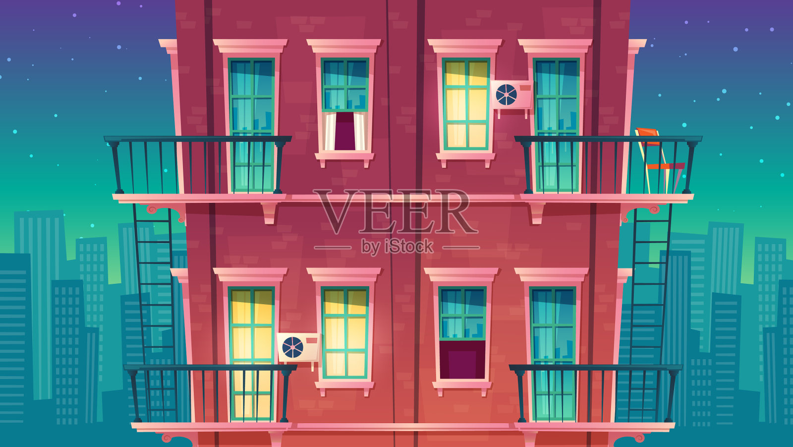 多层公寓在夜屋外面插画图片素材