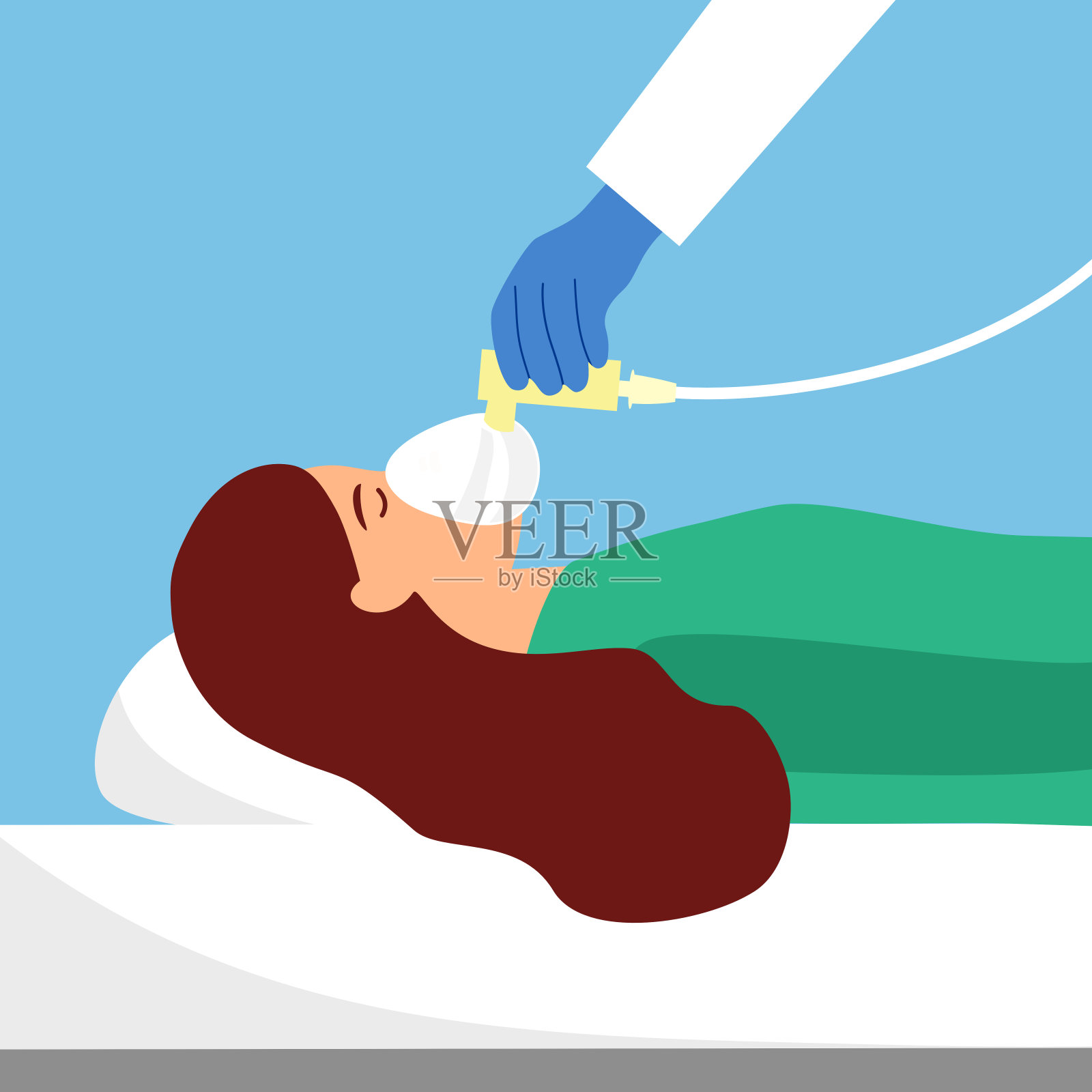 医生或护士给躺在病床上的女病人戴上氧气面罩。氧气疗法。肺或呼吸系统疾病。呼吸问题。吸入器帮助。插画图片素材