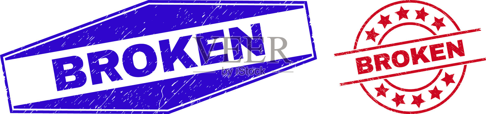 破碎的垃圾徽章在圆形和六边形形状插画图片素材