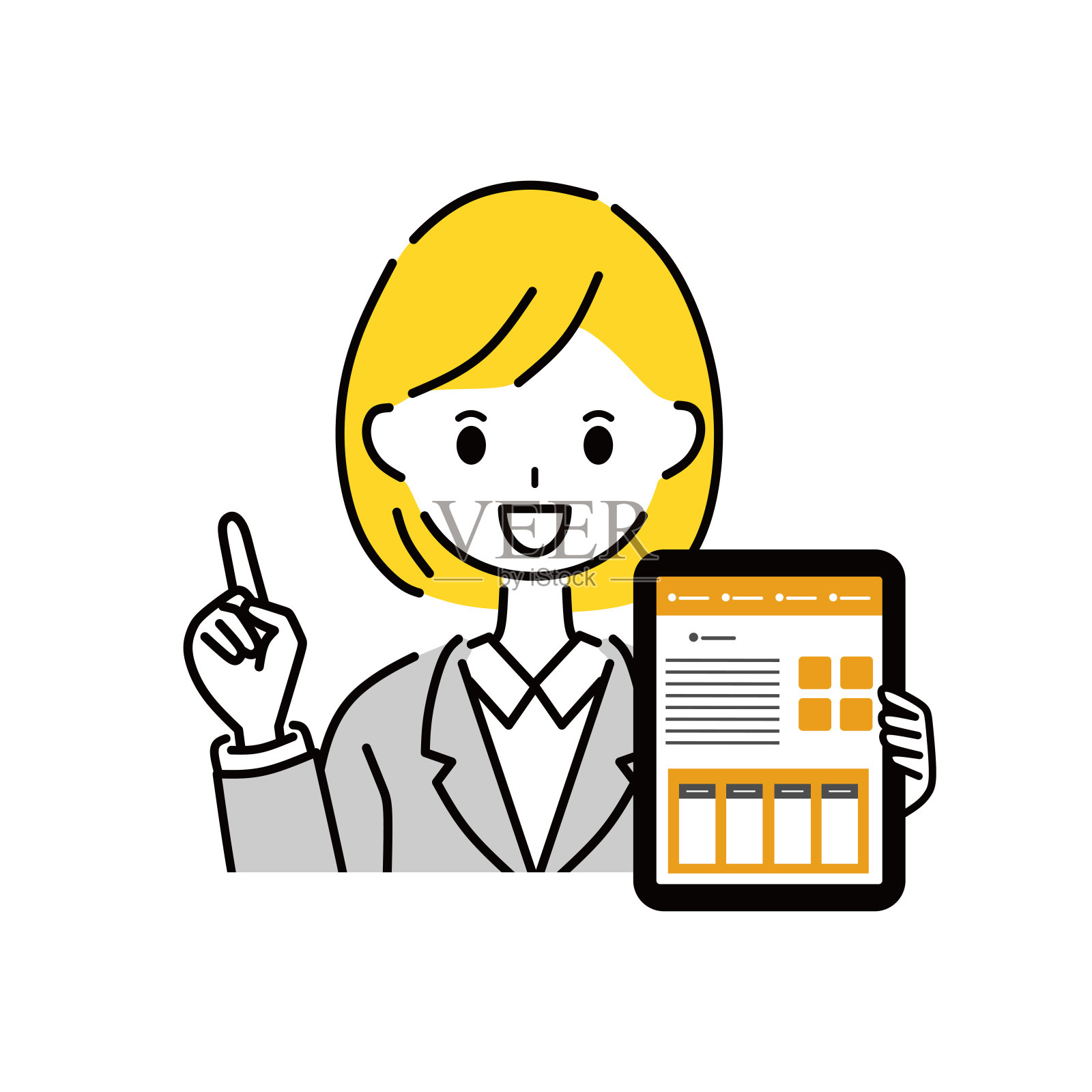 一位女商人和一台平板电脑的插图。插画图片素材