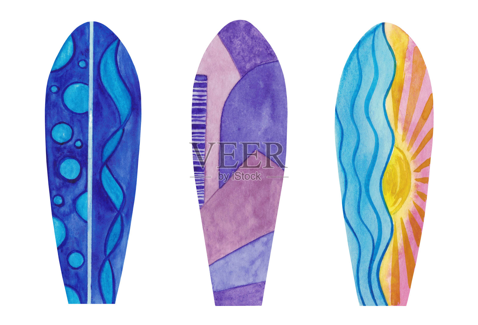 水彩画真实的冲浪板收集孤立在一个白色的背景。极限水上运动和旅行生活方式。夏季剪贴画在鲜艳的颜色。手绘复古设计元素插画图片素材