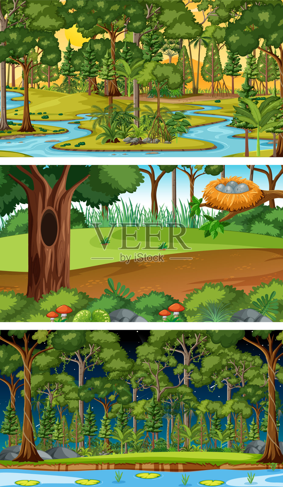 设置不同的森林水平场景插画图片素材