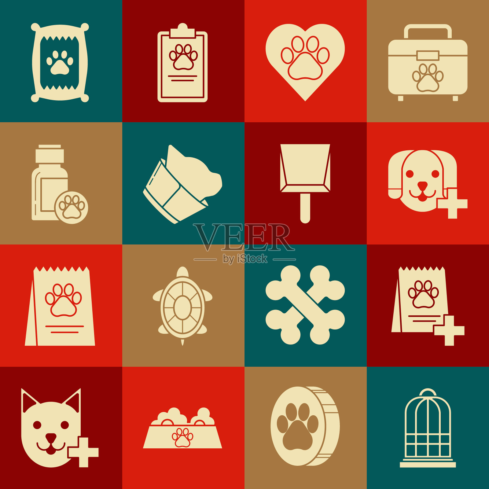 Set Cage for birds, Bag of food dog, Veterinary clinic symbol, Heart with animals footprint, dog medicine bottle, and畚箕icon。向量图标素材