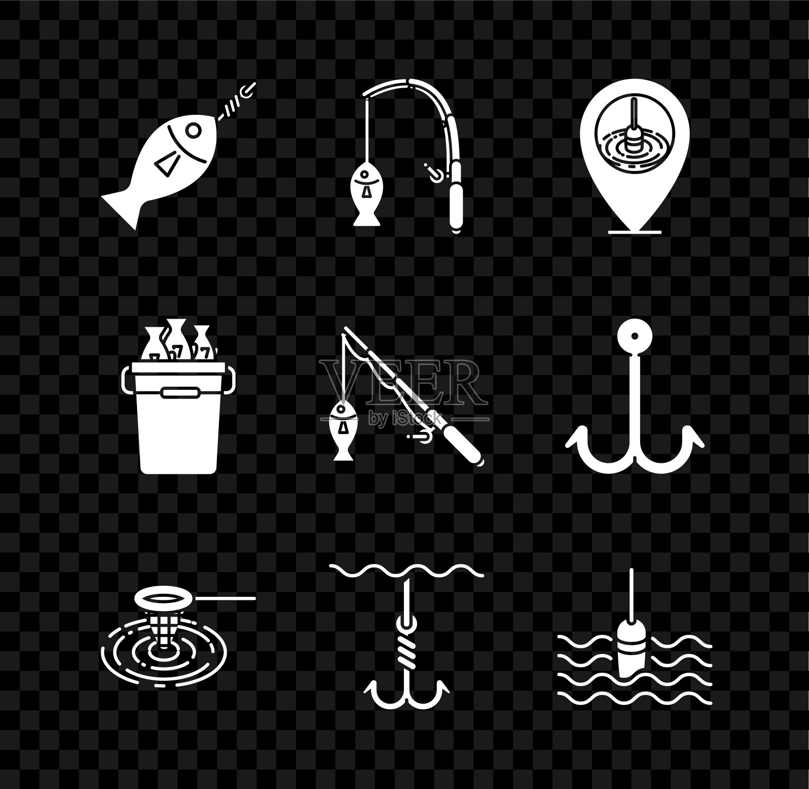 设置鱼在钩，鱼竿和鱼，位置钓鱼，网水，下，浮，桶与鱼和图标。向量图标素材