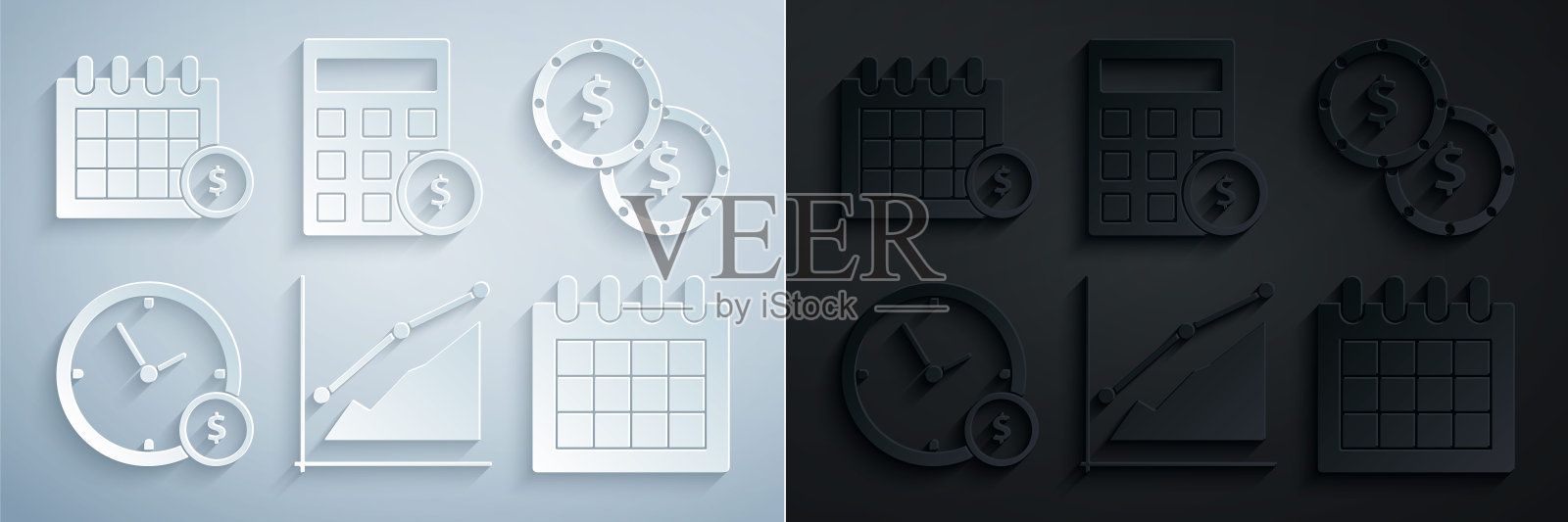 设置饼图信息图，硬币货币与美元符号，时间是，日历，计算器和金融日历图标。向量插画图片素材
