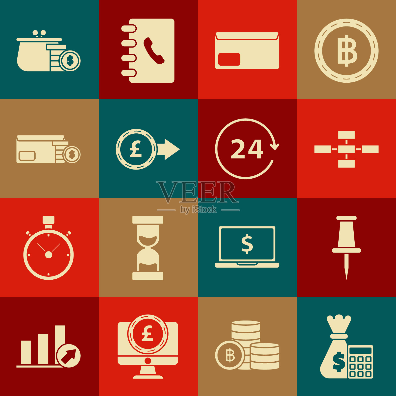 集计算器与钱袋，推针，商业层次组织图图表信息图，信封，硬币英镑英镑符号，硬币美元，钱包硬币和时钟24小时图标。向量插画图片素材