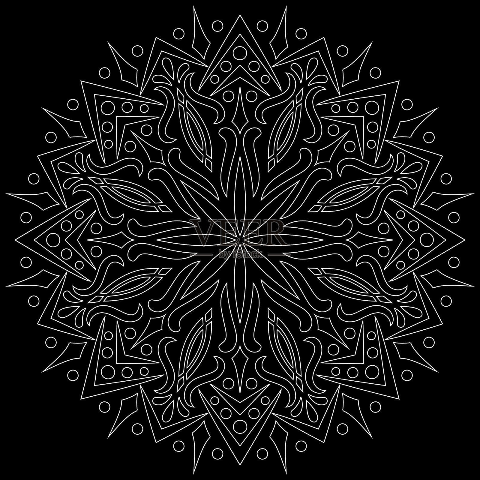 白色轮廓曼荼罗在黑色涂鸦素描插画图片素材