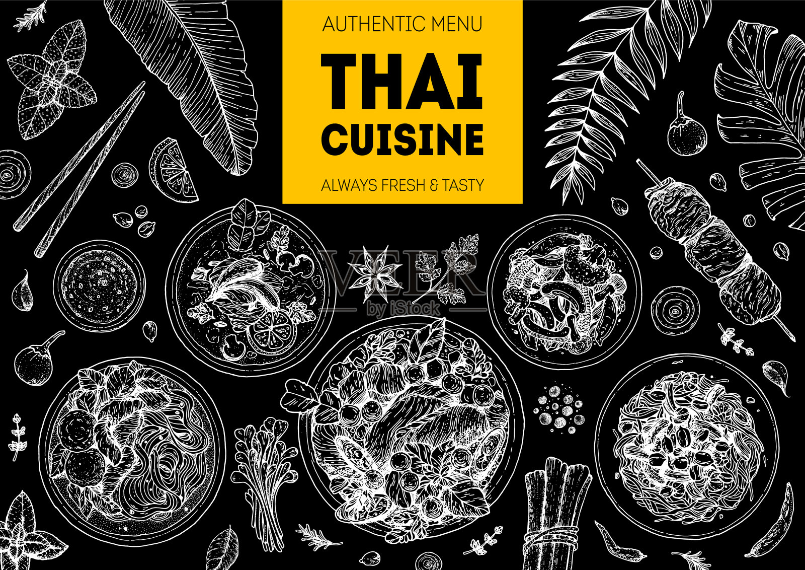 泰国食物顶部视图矢量插图。食品菜单设计模板。手绘草图。泰国菜菜单。复古风格。泰式面汤，青木塔，咖喱鸡，椰菜插画图片素材