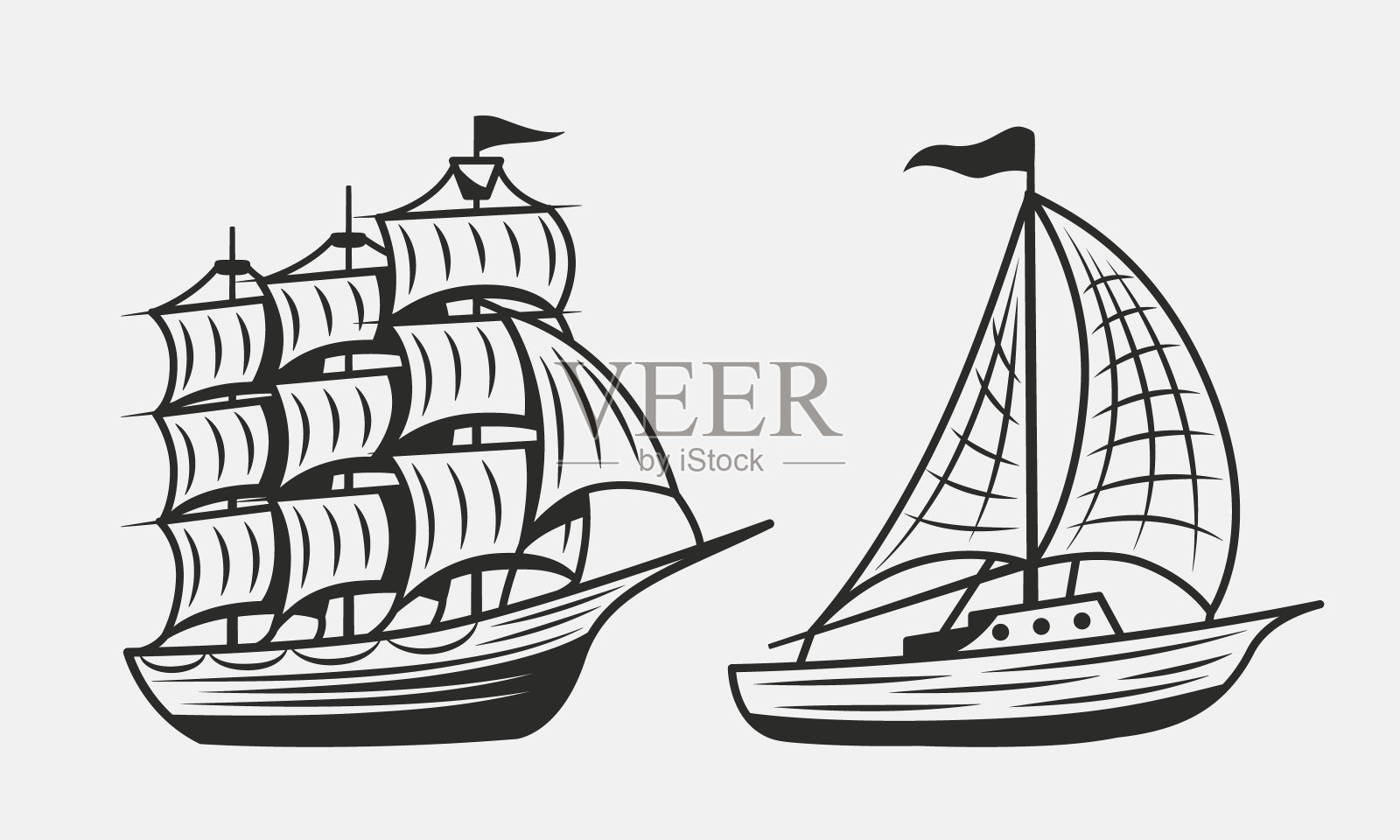 老式的船和船或游艇孤立在白色背景上。帆船，帆船图标。元素为航海标志，海报，旗帜模板。矢量图插画图片素材