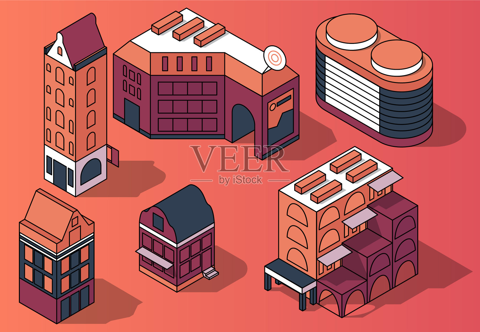设置三维等距多层住宅图标素材
