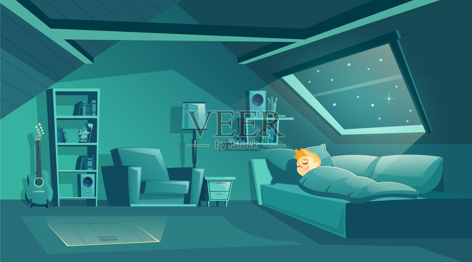 晚上和熟睡的男孩在阁楼里插画图片素材