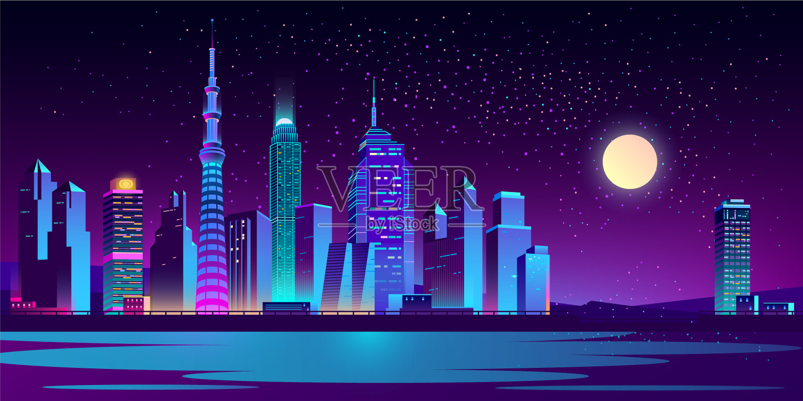 城市景观与霓虹摩天大楼插画图片素材