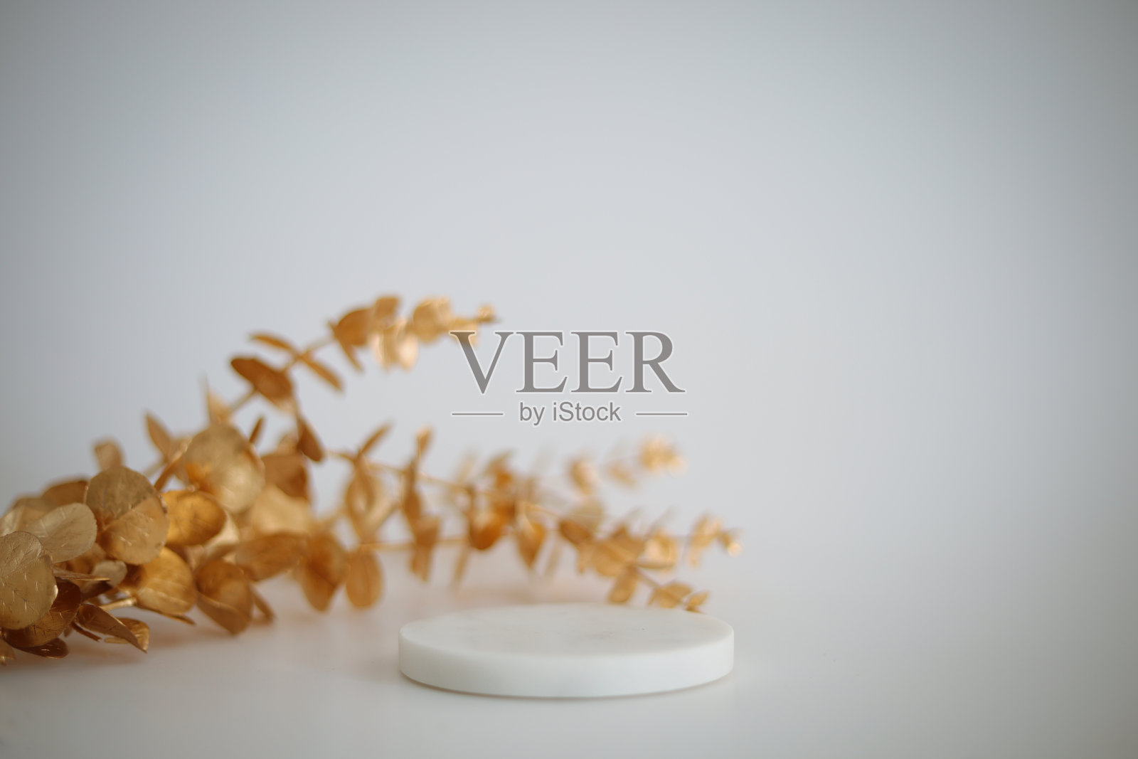 白色背景上有金色叶子的大理石讲台。讲台为产品，化妆品展示。创造性的模仿。放置美容产品的基座或平台。照片摄影图片