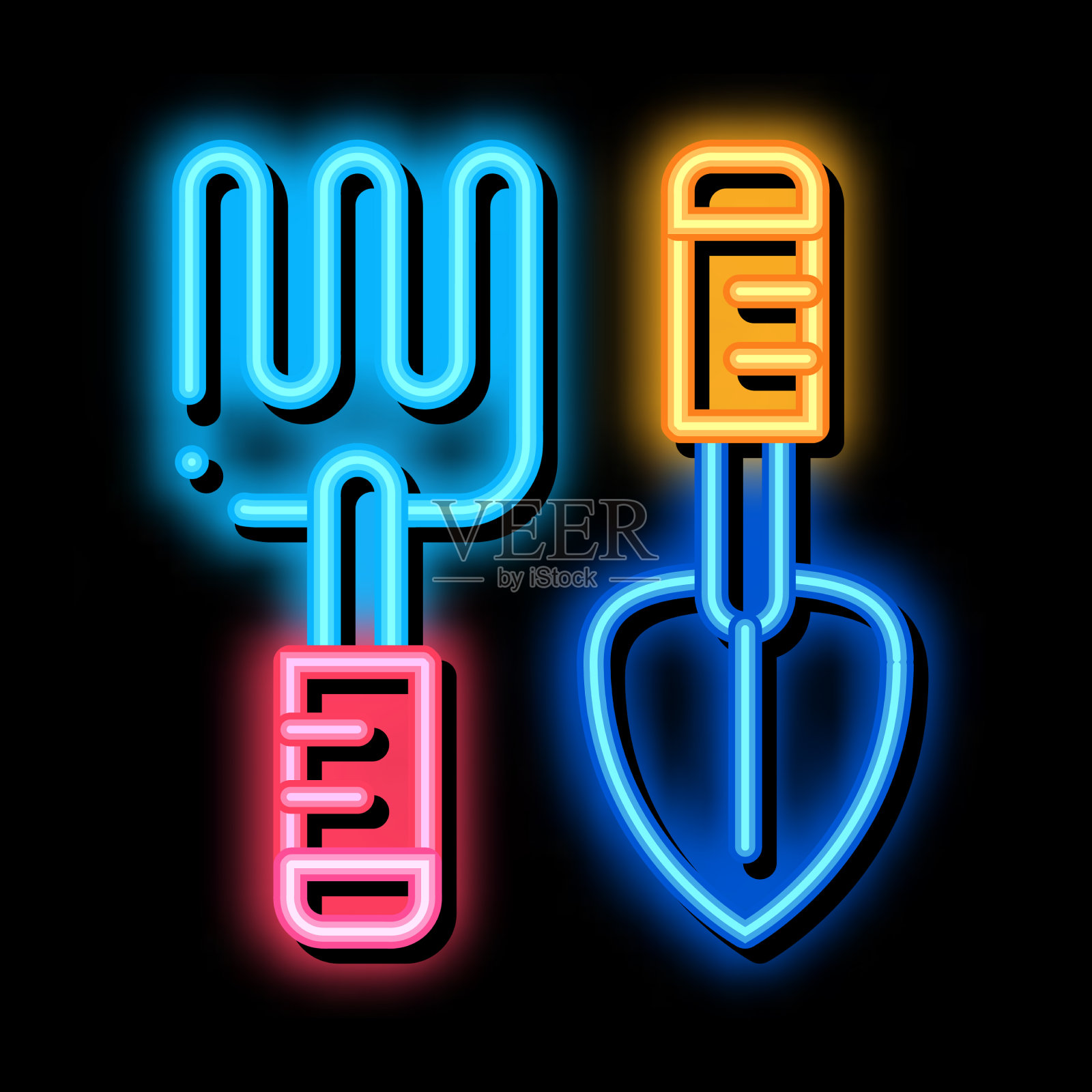 手耙和铲工具霓虹辉光图标插画图片素材