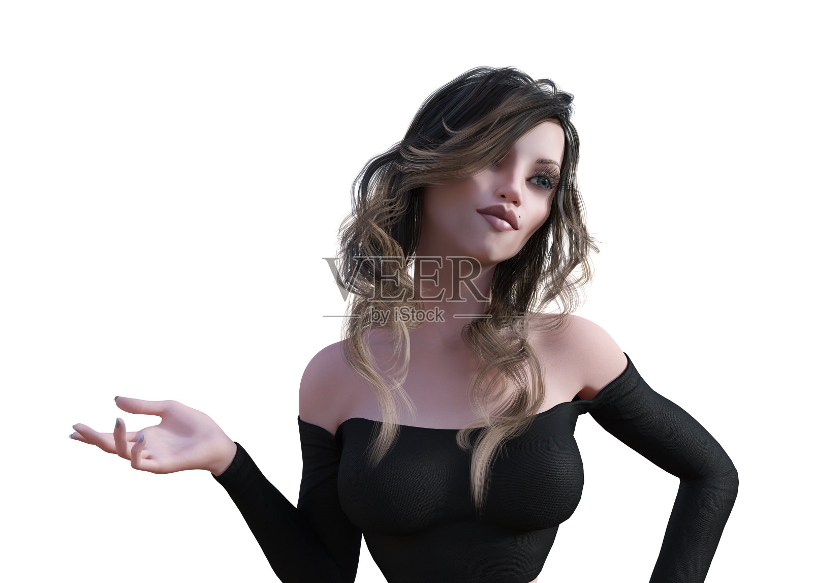 一个浅棕色头发的女人在白色背景下做着随便什么手势的插图。照片摄影图片