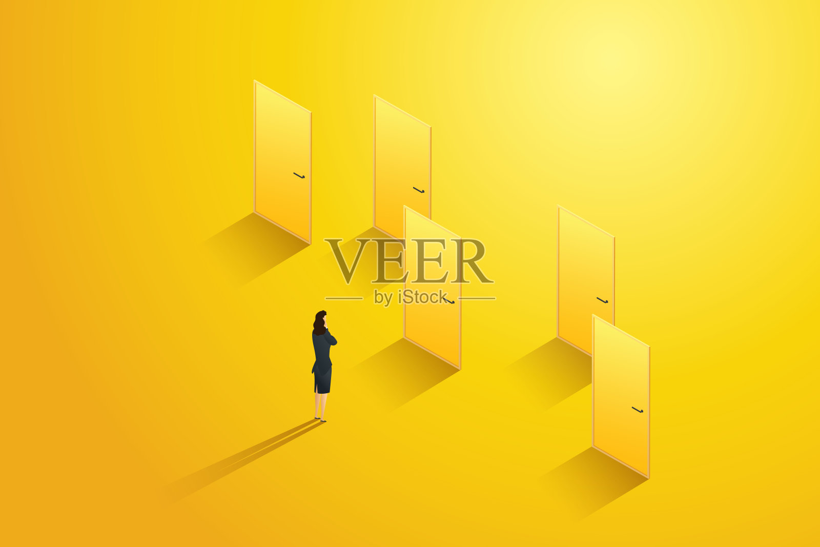 女商人站在几扇门前，想着要选一扇。插画图片素材