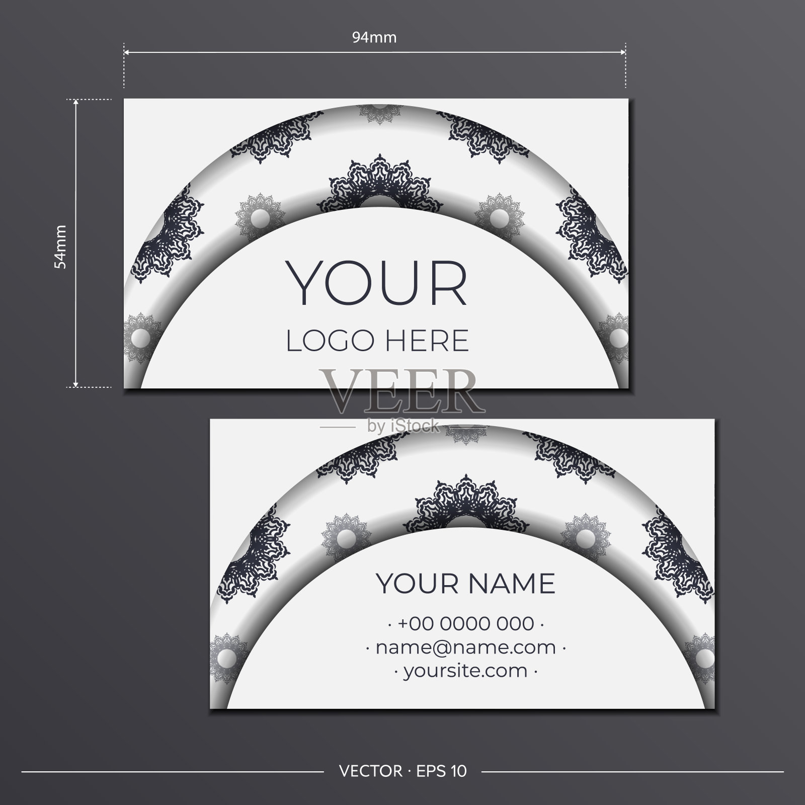 白色名片模板与华丽的黑色图案。印刷准备好的名片设计与字母组合装饰。设计模板素材