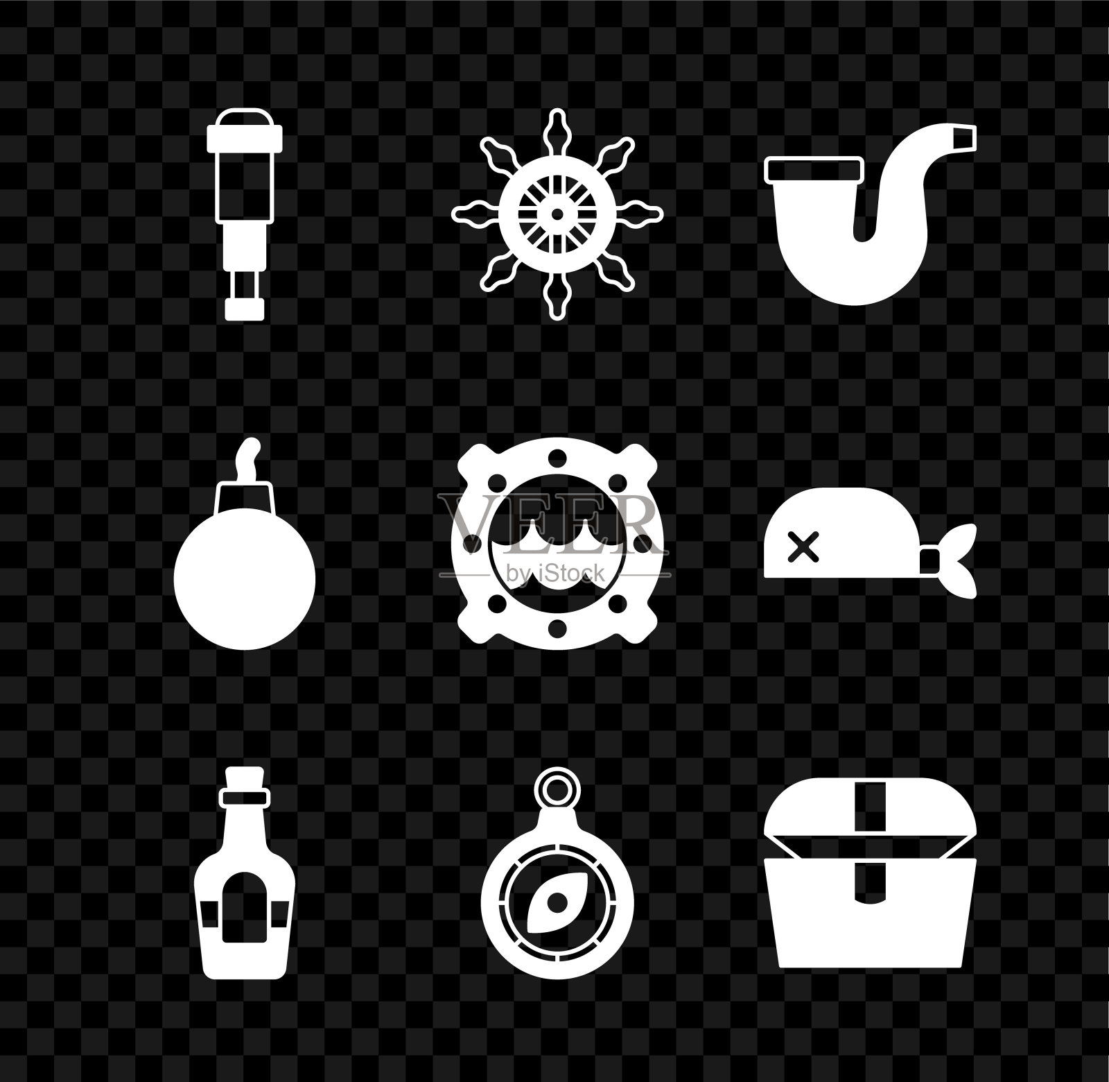 设置望远镜望远镜镜头，船方向盘，吸烟烟斗，酒精饮料朗姆酒，指南针，古董宝箱，炸弹准备爆炸和舷窗与海景图标。向量图标素材