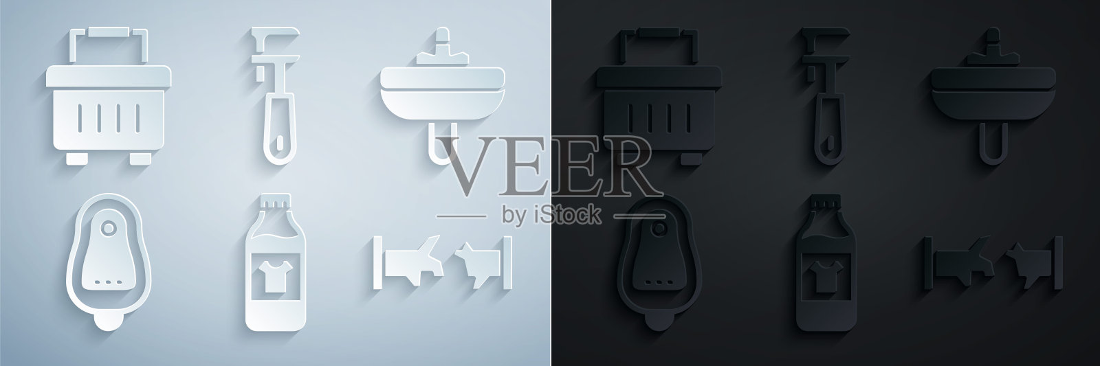 设置清洗剂瓶，脸盆，马桶便池pissoir，破管，管道活动扳手和工具箱图标。向量图标素材