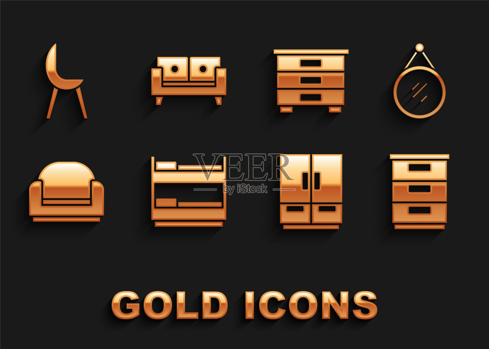 设置双层床，镜子，家具床头柜，衣柜，扶手椅，和沙发图标。向量图标素材