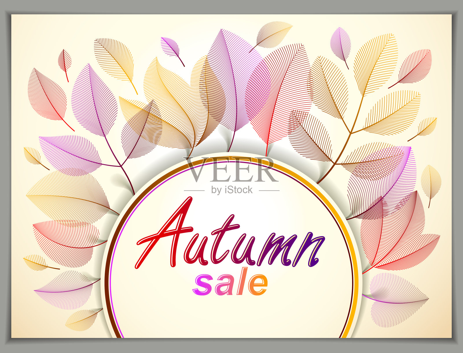 设计水平横幅与秋天打字标志，秋天红色和黄色叶子框架组成背景。秋季卡，促销优惠。时尚典雅的植物绘画，环境。插画图片素材