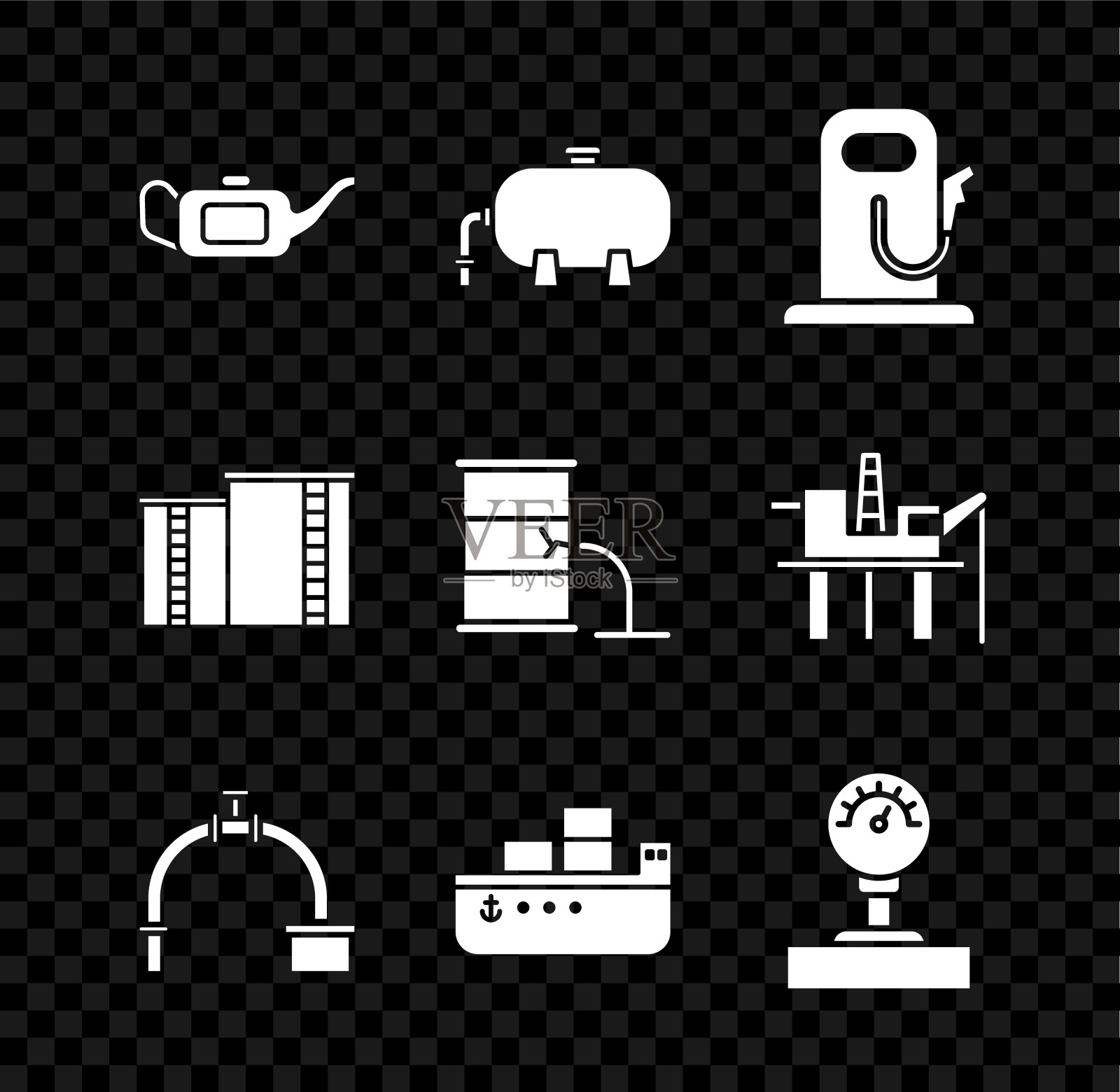 设置汽油桶，石油工业厂房，汽油加油站，工业管道和阀门，油轮船，压力表刻度，桶泄漏图标。向量图标素材