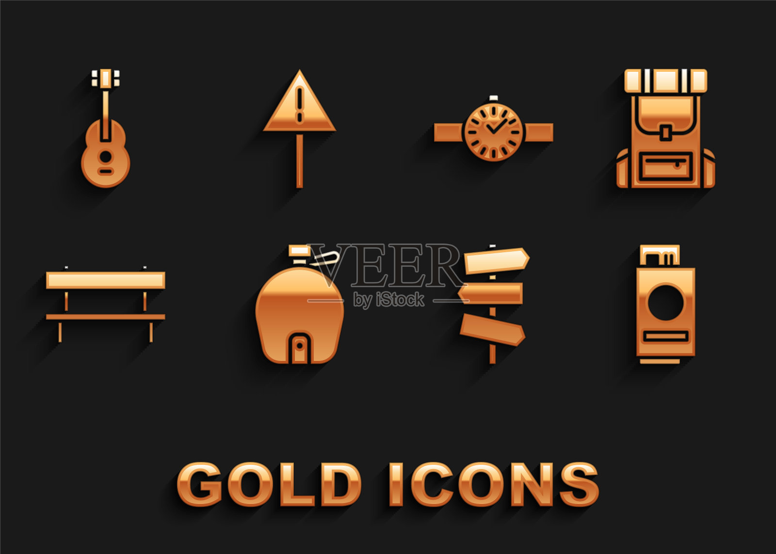 配套水壶、徒步背包、护照和车票、道路交通路标、长凳、手表、吉他和感叹号三角形图标。向量图标素材