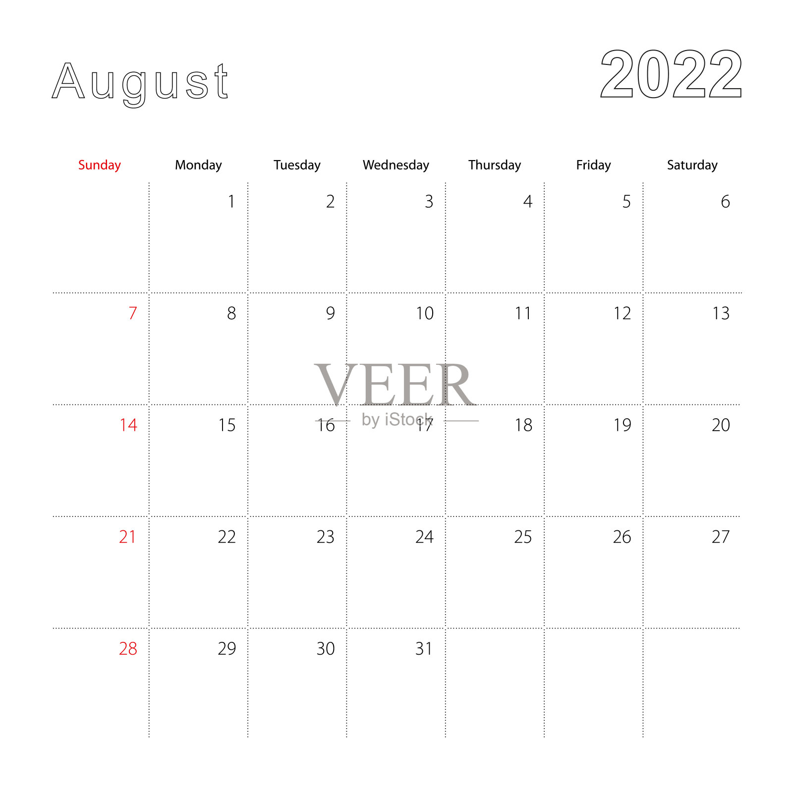 简单的墙壁日历，为2022年8月与虚线。日历是英文的，星期从星期日开始。设计模板素材