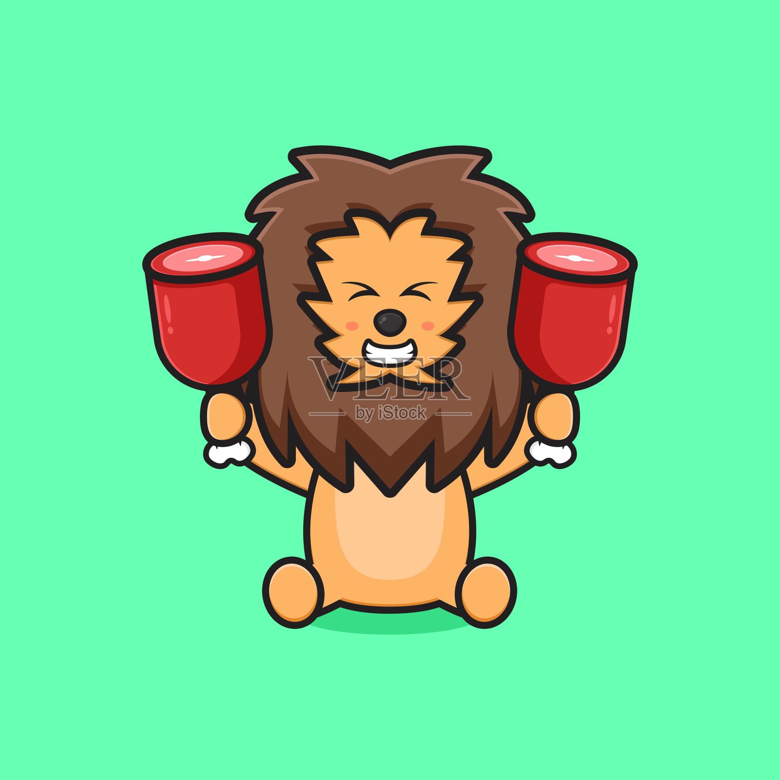 可爱的狮子抱着两个肉卡通图标插图。插画图片素材