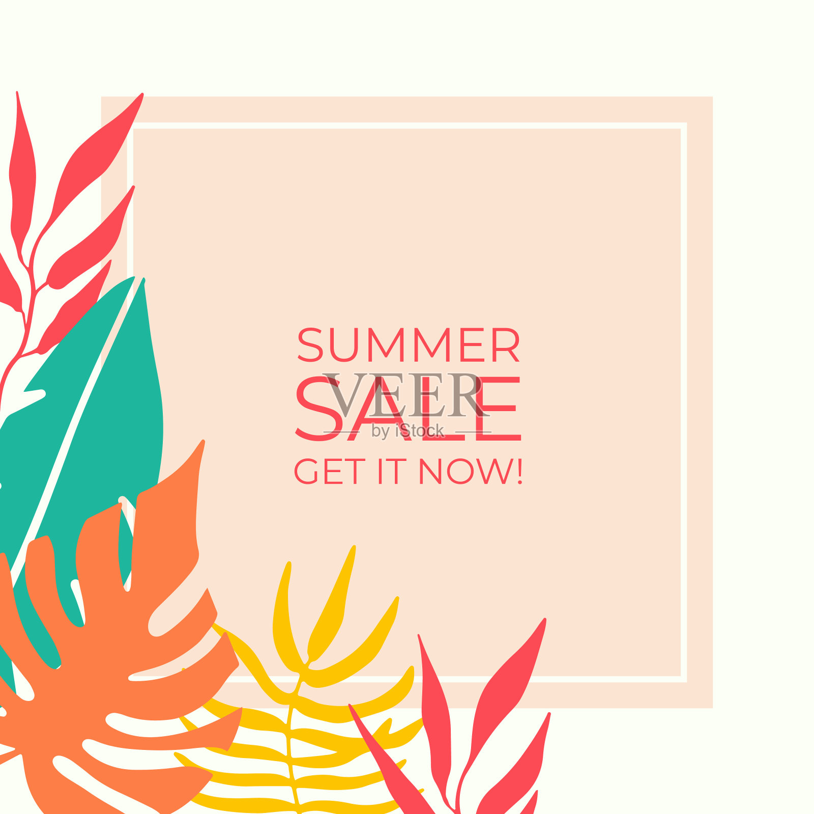 夏季出售横幅设计热带树叶背景。花背景矢量。棕榈叶，怪物叶，植物背景设计墙框版画，墙艺术，邀请，海报插画图片素材