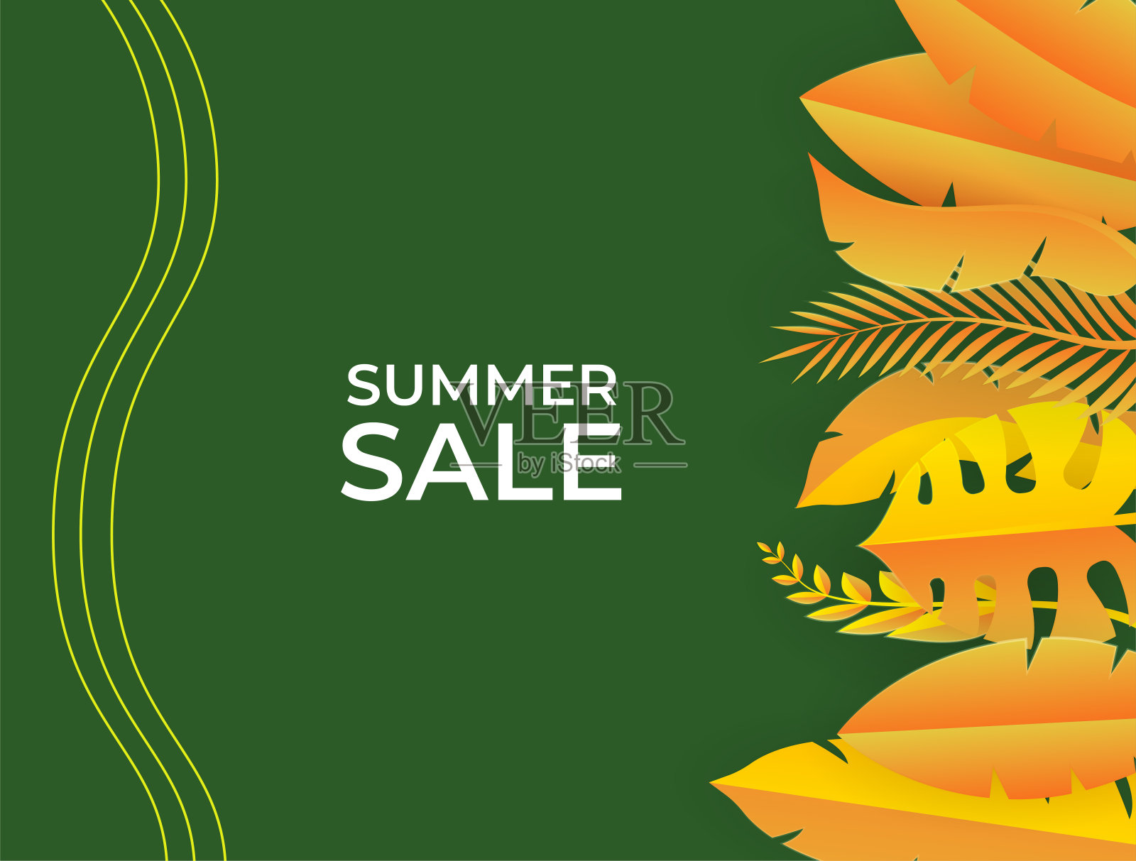 带有花卉和树叶元素的社交媒体帖子模板。鲜黄的秋天背景有棕榈树，树叶，怪物。向量插图邀请，明信片，时装销售插画图片素材