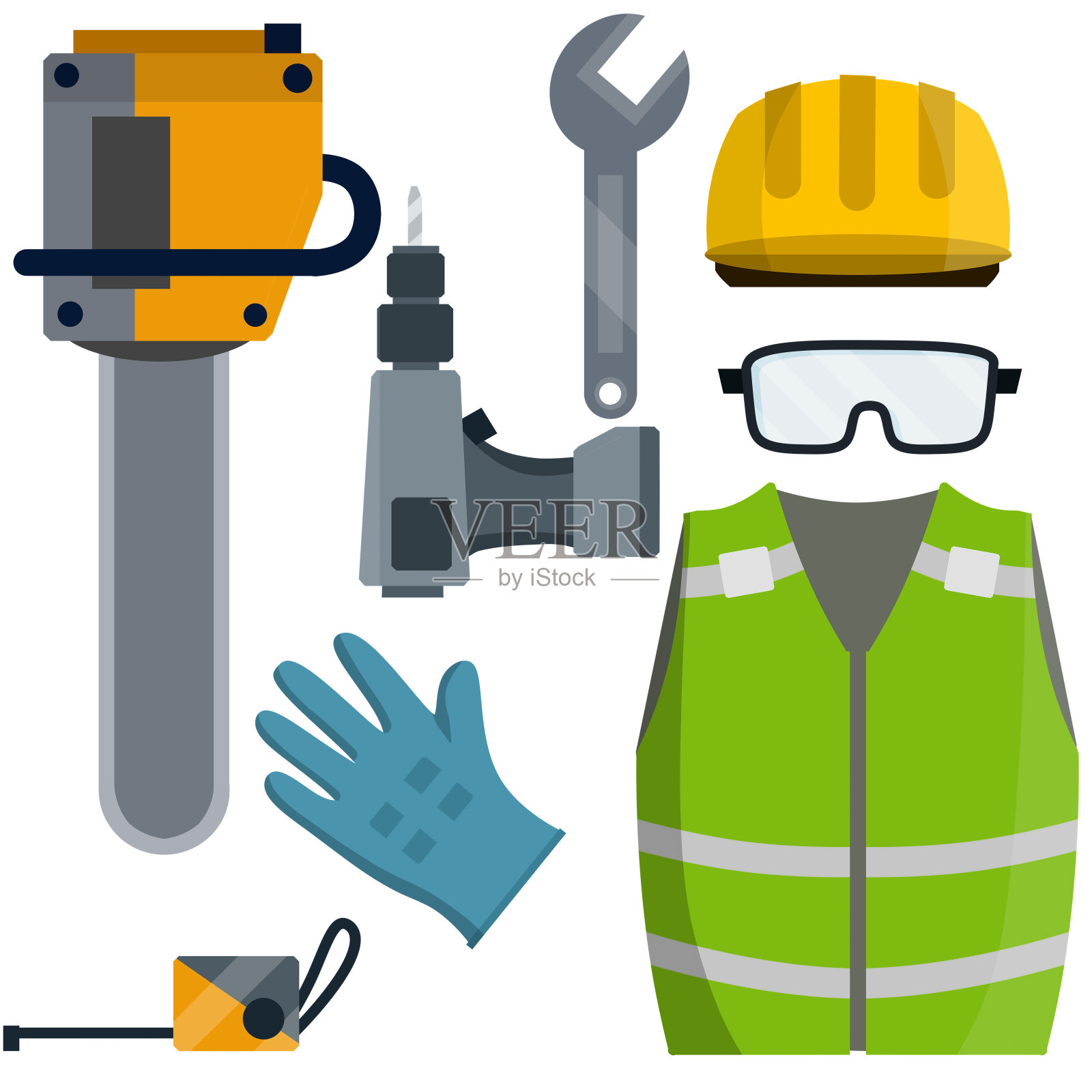 套装服装制造商和工人。卡通平面插图。修理和维护。砍树的安全和工具。伐木工人的电锯。黄色背心，头盔，眼镜，手套插画图片素材