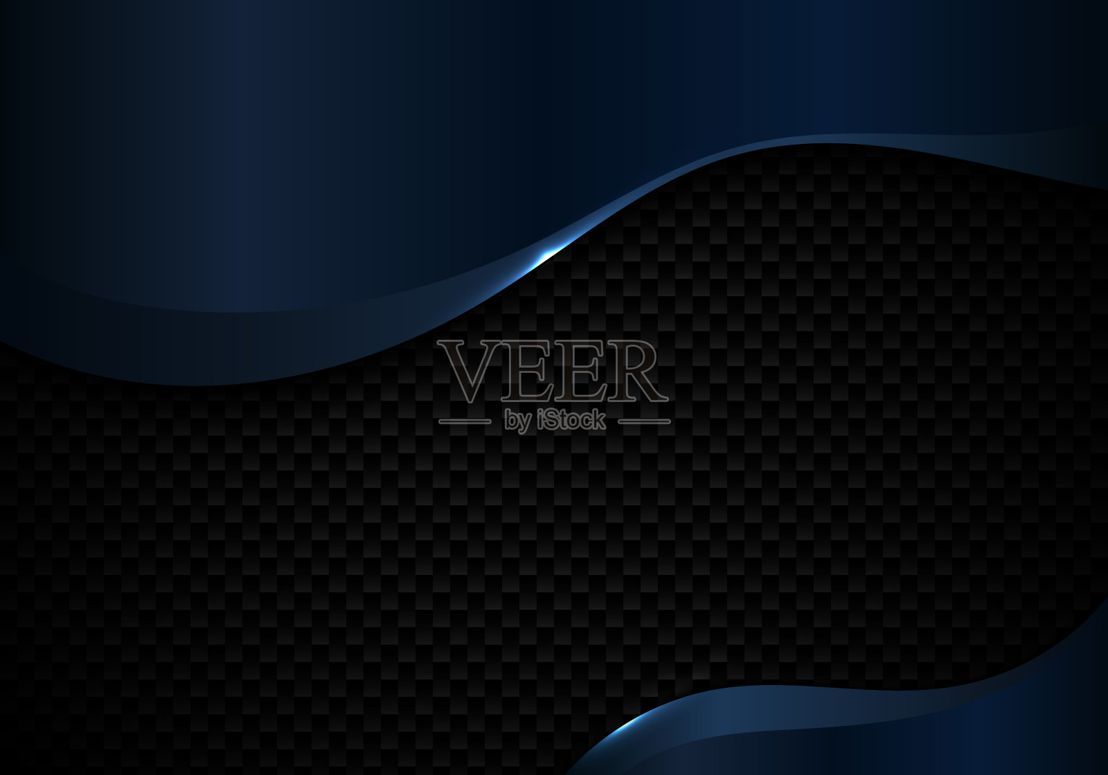 抽象的蓝色金属波形状与照明黑色碳纤维背景和纹理插画图片素材