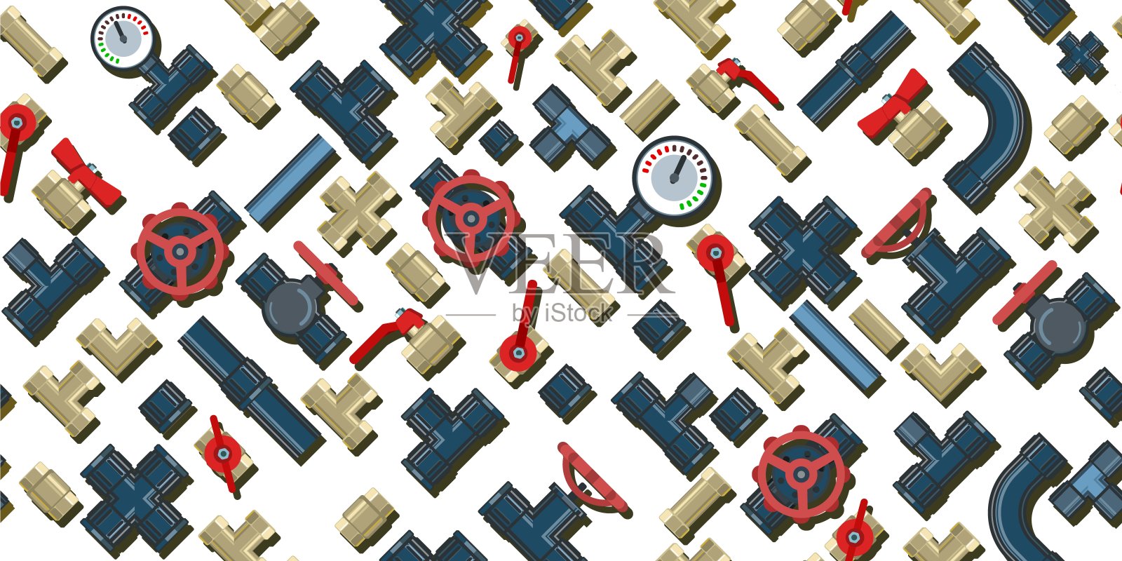 管道配件，水龙头，弯管和配件。管道，污水处理，气体管道和任何液体供应的备件。孤立在白色背景上。插图无缝图案矢量插画图片素材