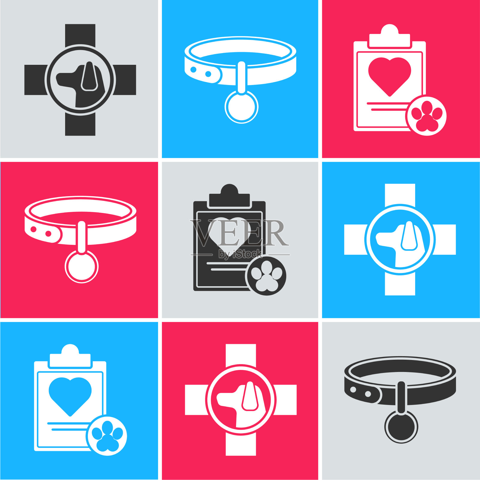 设置兽医诊所标志项圈与姓名标签图标素材