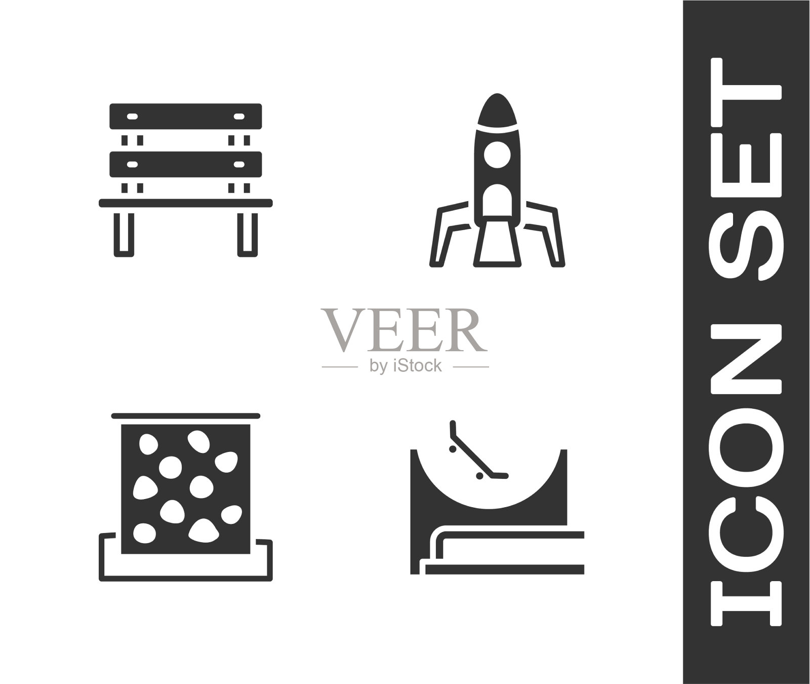 设有滑板公园长凳、攀爬墙和火箭图标素材