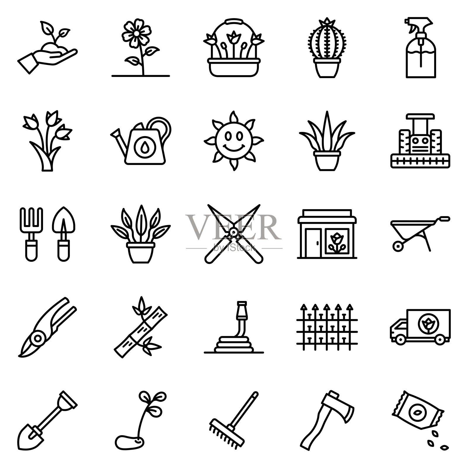 花园图标集合矢量插图。园艺，植物，花，花，花盆，郁金香，花，细线图标。插画图片素材